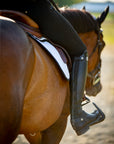 A rider on a chestnut horse with a white saddle pad in a sunny paddock.
