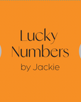 A digital rendering of Jackie&Co lucky number pins on a bright orange background.