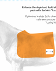 stylized picture of a horse showing placement of Jackie&Co lucky number pins with the text "Enhance the style (and luck) of your show saddle pads with Jackie's "lucky number" pins."