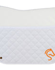 Dressage friction shield saddle pad in white with a quilted bottom and smooth top and a silver Jackie&Co lucky numbers pin on the bottom left and an orange embroidered horse line art logo on the bottom right.