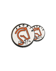 Lucky number pins with the orange Jackie&co logo on a white background
