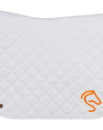 Square dressage saddle pad in white with a orange Jackie&Co horse line art logo embroidered on the bottom right.