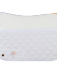 Square jump friction shield saddle pad in white with a quilted bottom and smooth top and a silver Jackie&Co lucky numbers pin on the bottom left.
