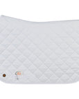Square jump saddle pad in white with a silver Jackie&Co lucky numbers pin on the bottom left.