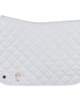 Square jump saddle pad in white with a silver Jackie&Co lucky numbers pin on the bottom left.