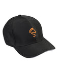 Black cap with an orange line art horse logo in orange on the front.