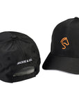 Black cap with an orange line art horse logo in orange on the front and white Jackie&Co embroidery on the back with a velcro adjustment strap.