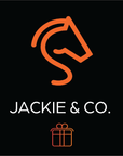 Jackie&Co orange line art horse profile logo over a line art of a gift box.