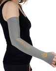 Grey UV protective riding sleeves featuring thumb holes, with 'Jackie&Co' written in orange along the forearm and a line art horse logo on the top of the hand being worn.