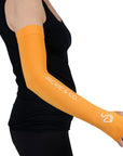 Orange UV protective arm sleeves featuring thumb holes, with 'Jackie&Co' written in white along the forearm and a line art horse logo on the top of the hand being worn.
