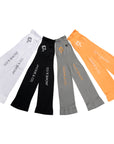 UV protective arm sleeves featuring thumb holes, with 'Jackie&Co' written along the forearm and a line art horse logo on the top of the hand and all available colours (white with black text, black with white text, grey with orange text, and orange with white text)