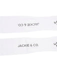White UV protective arm sleeves featuring thumb holes, with 'Jackie&Co' written in Black along the forearm and a line art horse logo on the top of the hand.