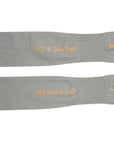 Greay UV protective arm sleeves featuring thumb holes, with 'Jackie&Co' written in Orange along the forearm and a line art horse logo on the top of the hand.