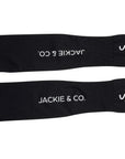 Black UV protective arm sleeves featuring thumb holes, with 'Jackie&Co' written in white along the forearm and a line art horse logo on the top of the hand.