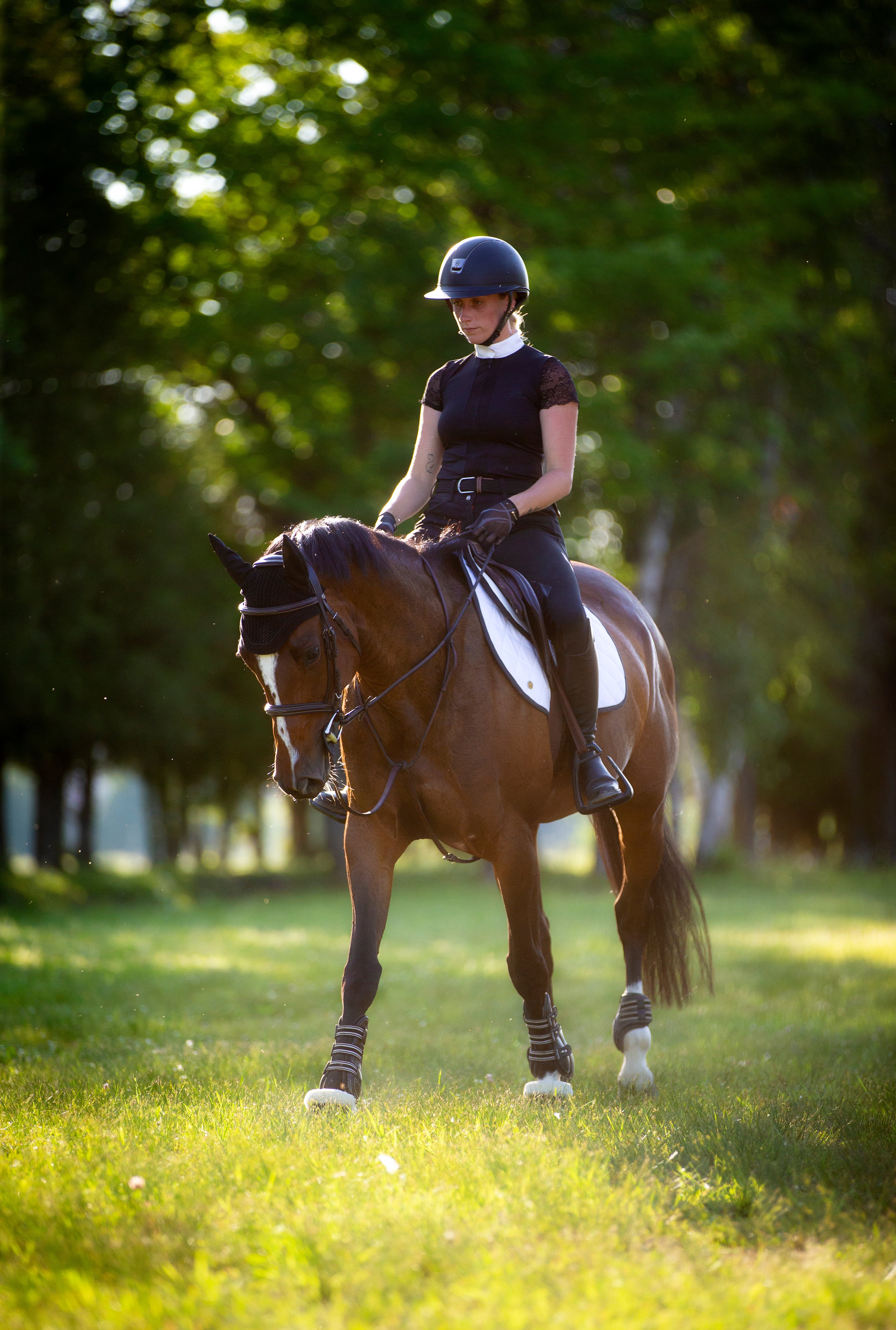A woman riding a chestnut horse in a sunny field with a white saddle pad under the saddle. 