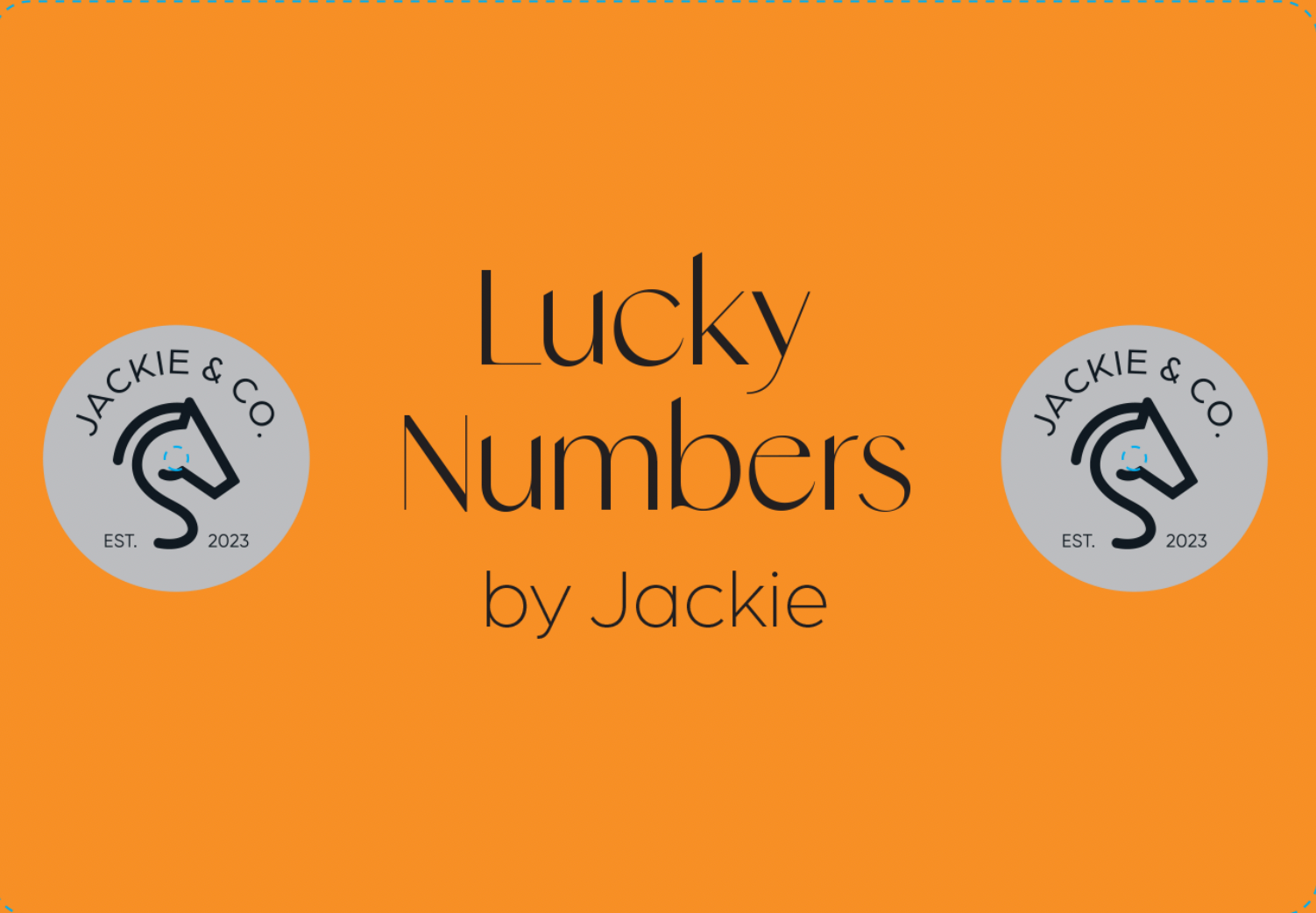 A digital rendering of Jackie&Co lucky number pins on a bright orange background. 