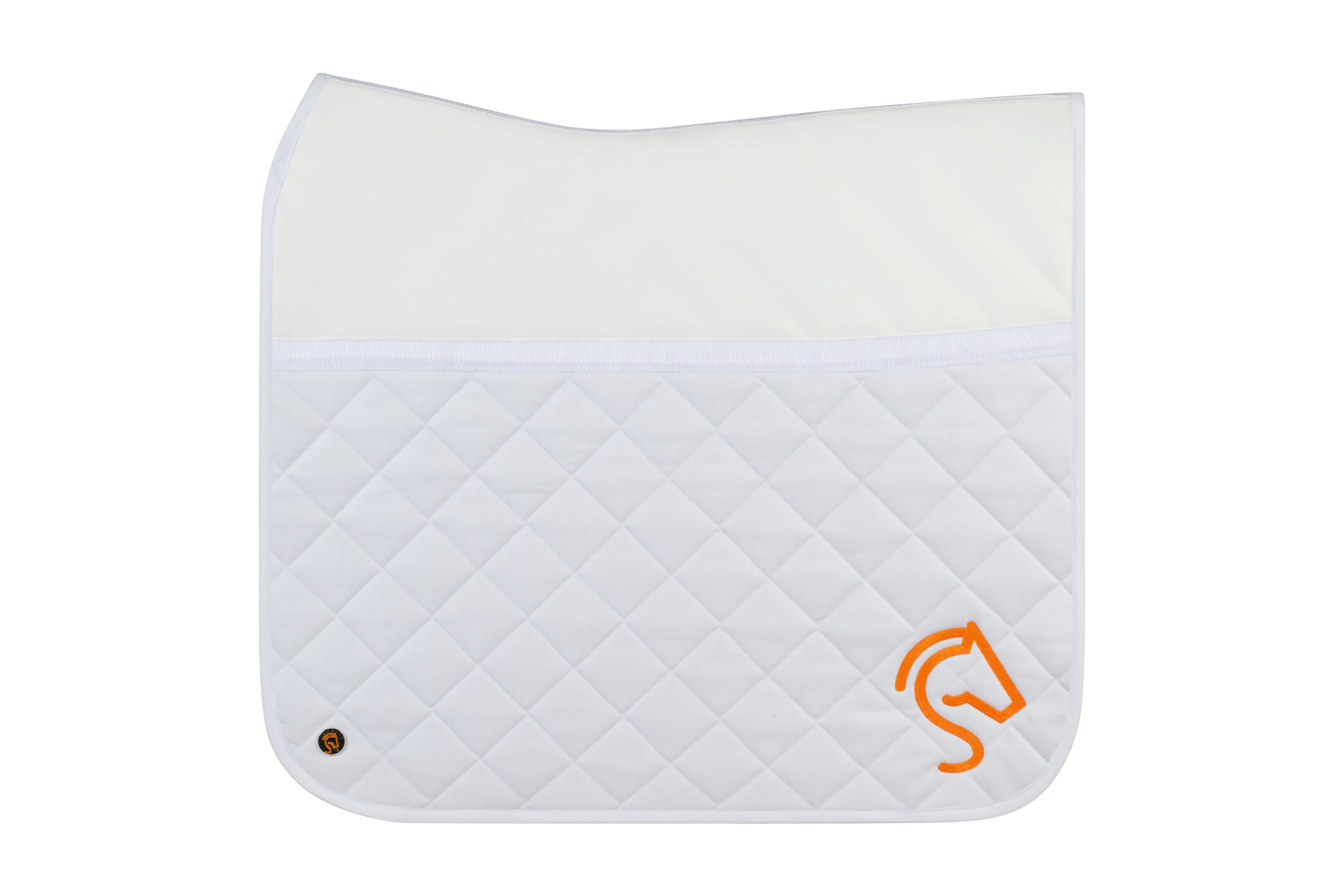 Dressage friction shield saddle pad in white with a quilted bottom and smooth top and a silver Jackie&Co lucky numbers pin on the bottom left and an orange embroidered horse line art logo on the bottom right. 