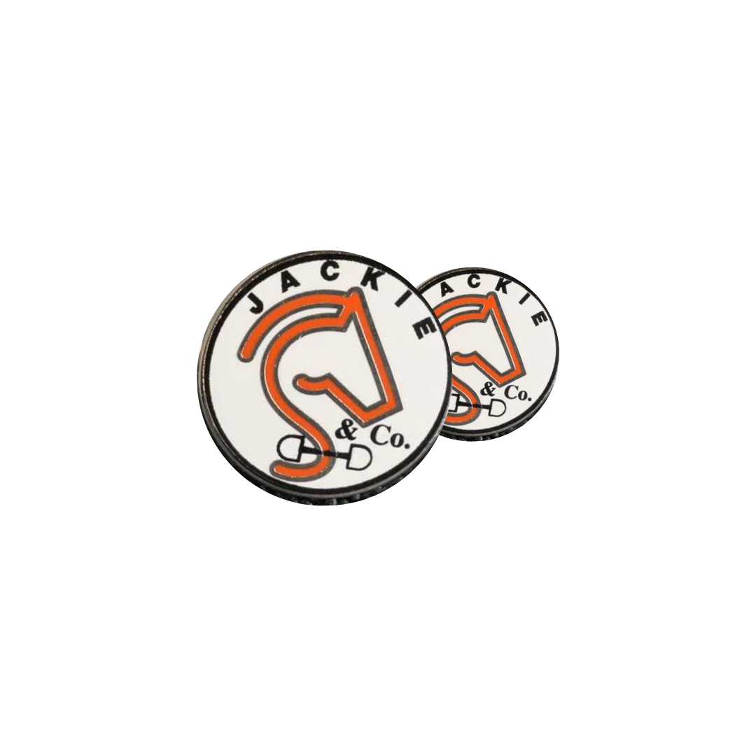 Lucky number pins with the orange Jackie&co logo on a white background