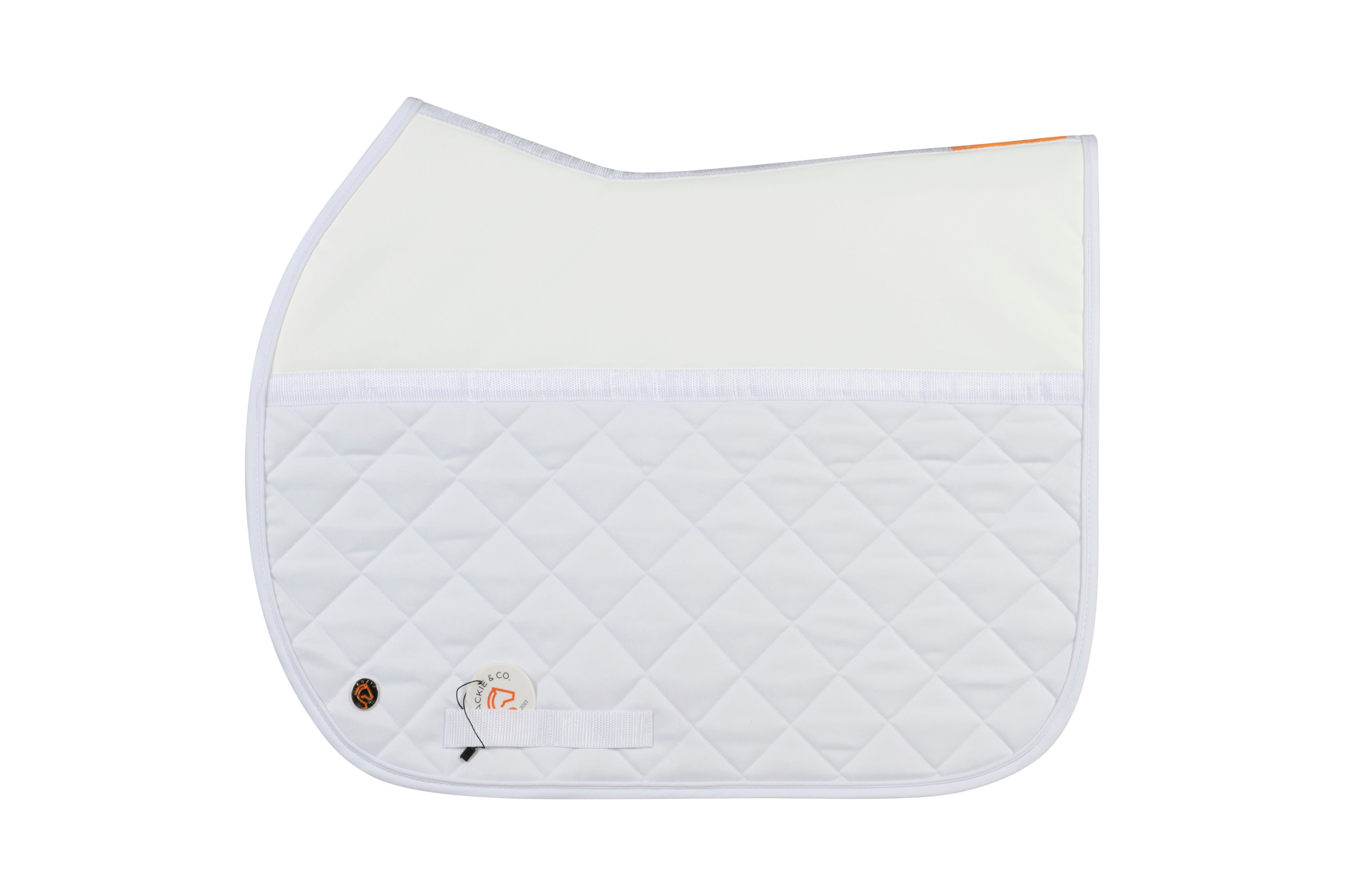 Perfecto friction shield saddle pad in white with a quilted fabric on the top and smooth fabric on the top and a silver Jackie&Co lucky numbers pin on the bottom left. 