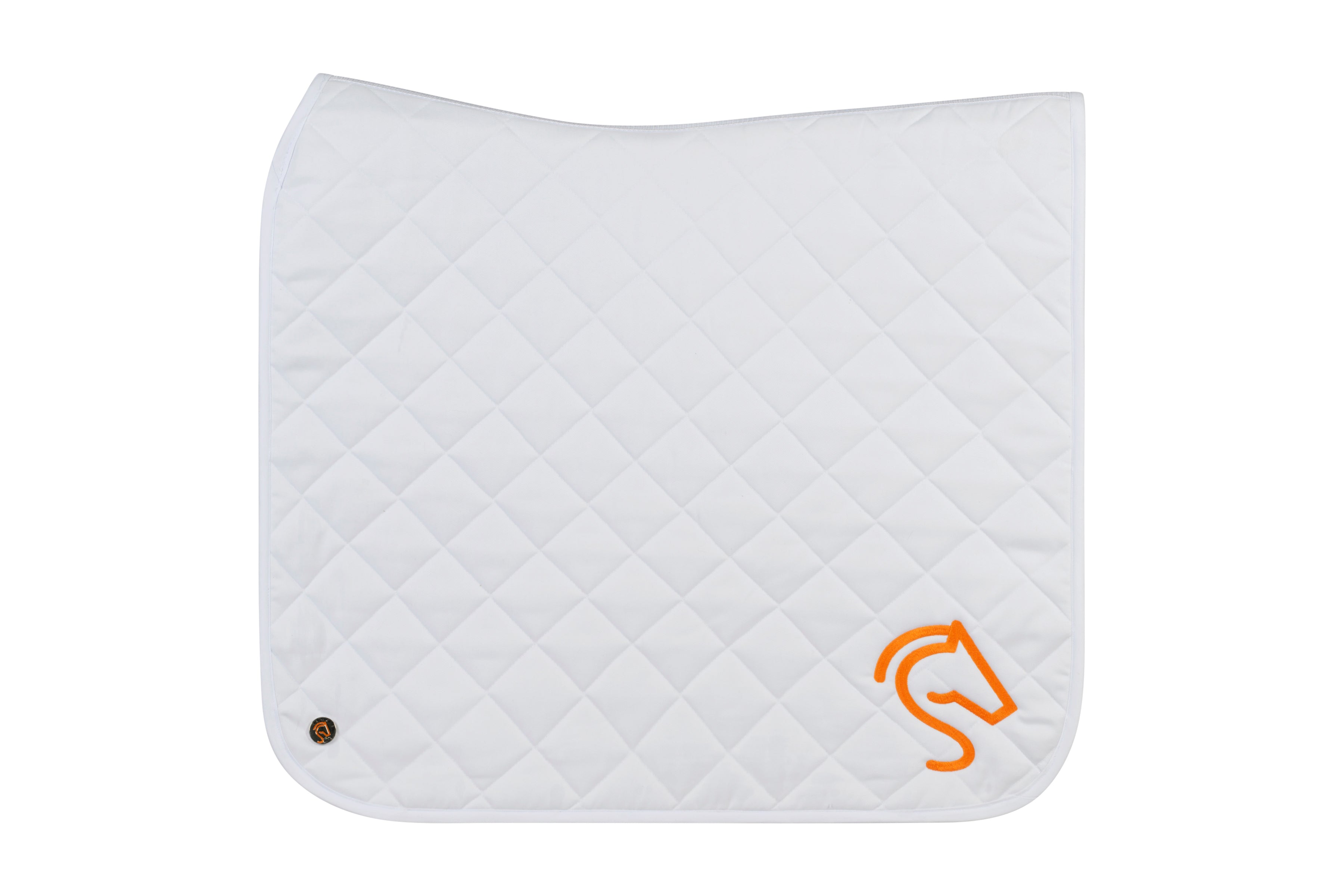 Square dressage saddle pad in white with a orange Jackie&Co horse line art logo embroidered on the bottom right. 