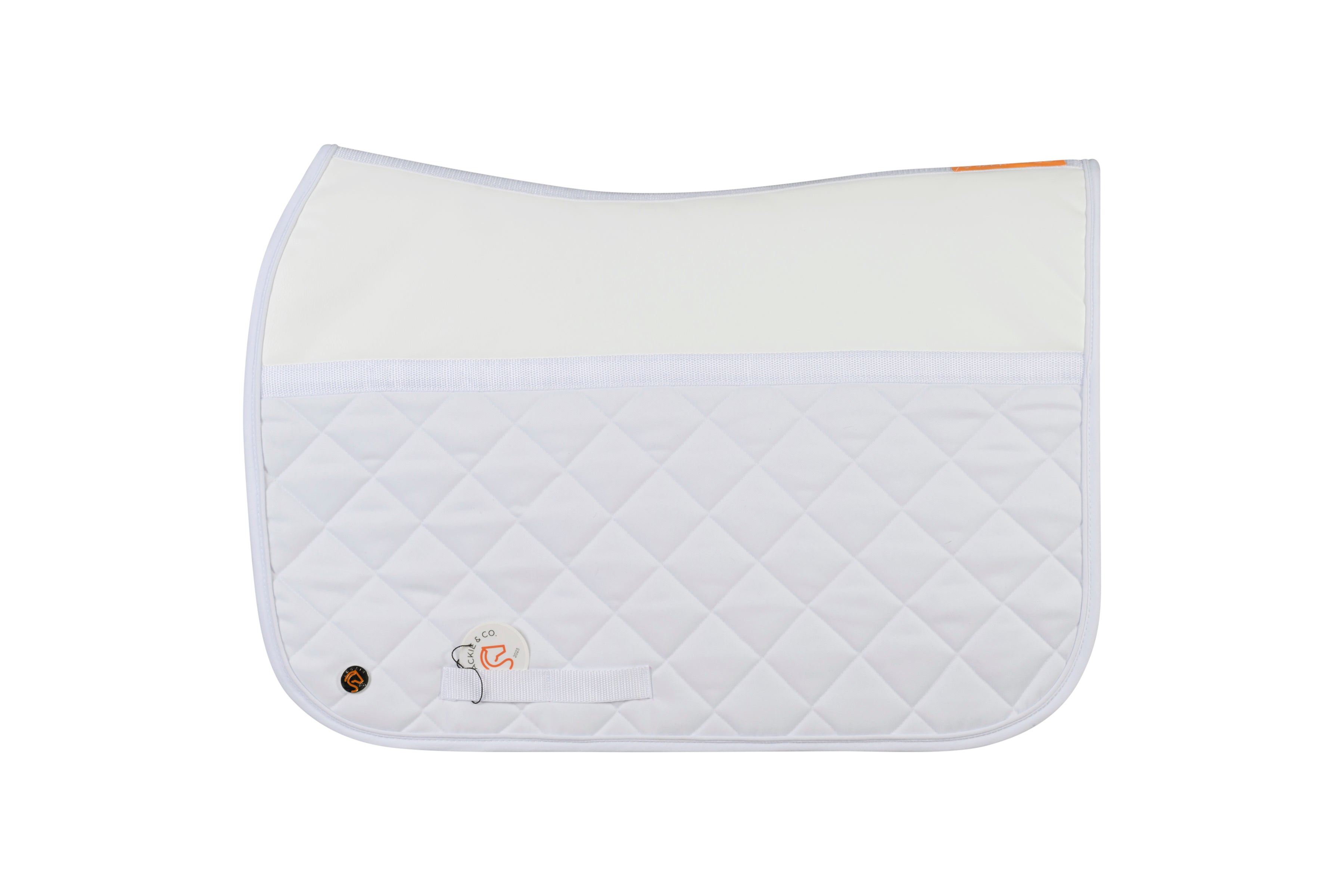 Square jump friction shield saddle pad in white with a quilted bottom and smooth top and a silver Jackie&Co lucky numbers pin on the bottom left. 