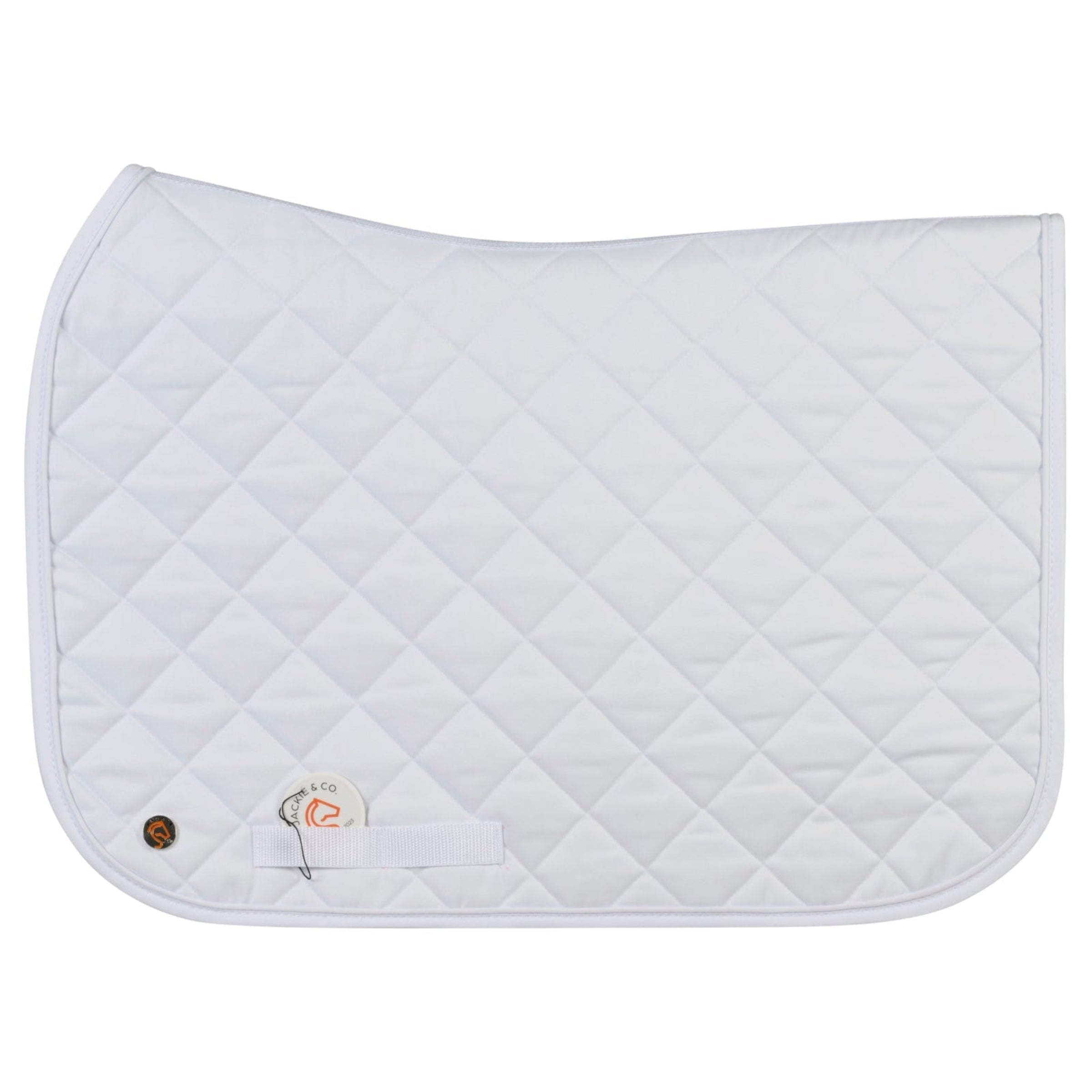 Square jump saddle pad in white with a silver Jackie&amp;Co lucky numbers pin on the bottom left. 