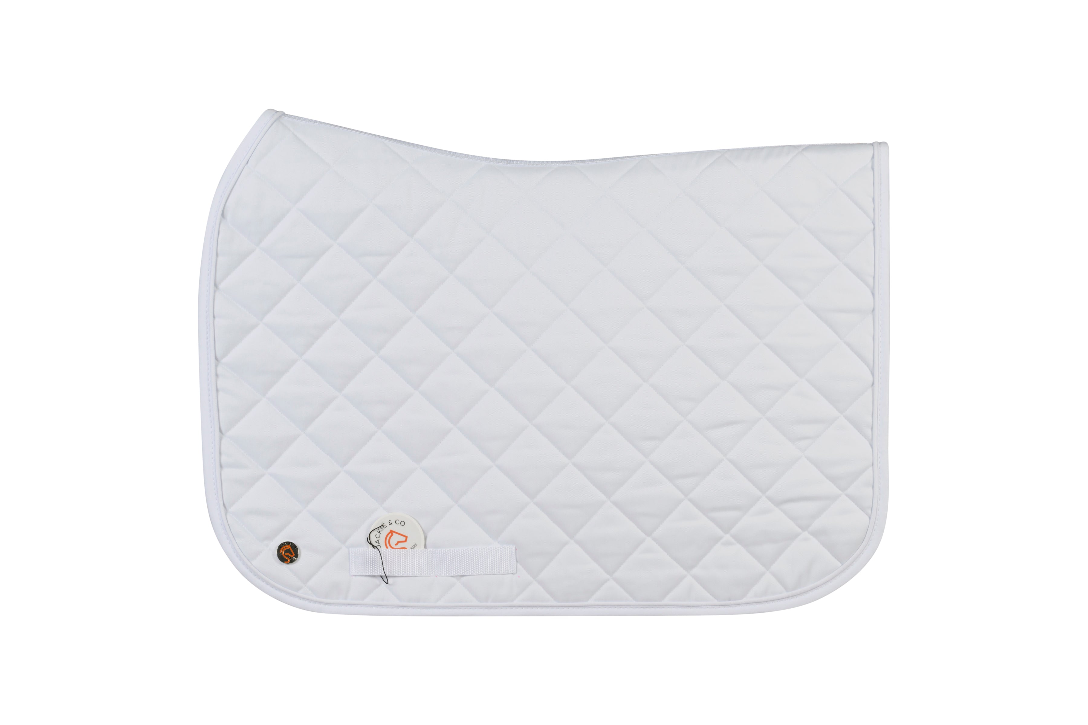 Square jump saddle pad in white with a silver Jackie&Co lucky numbers pin on the bottom left. 