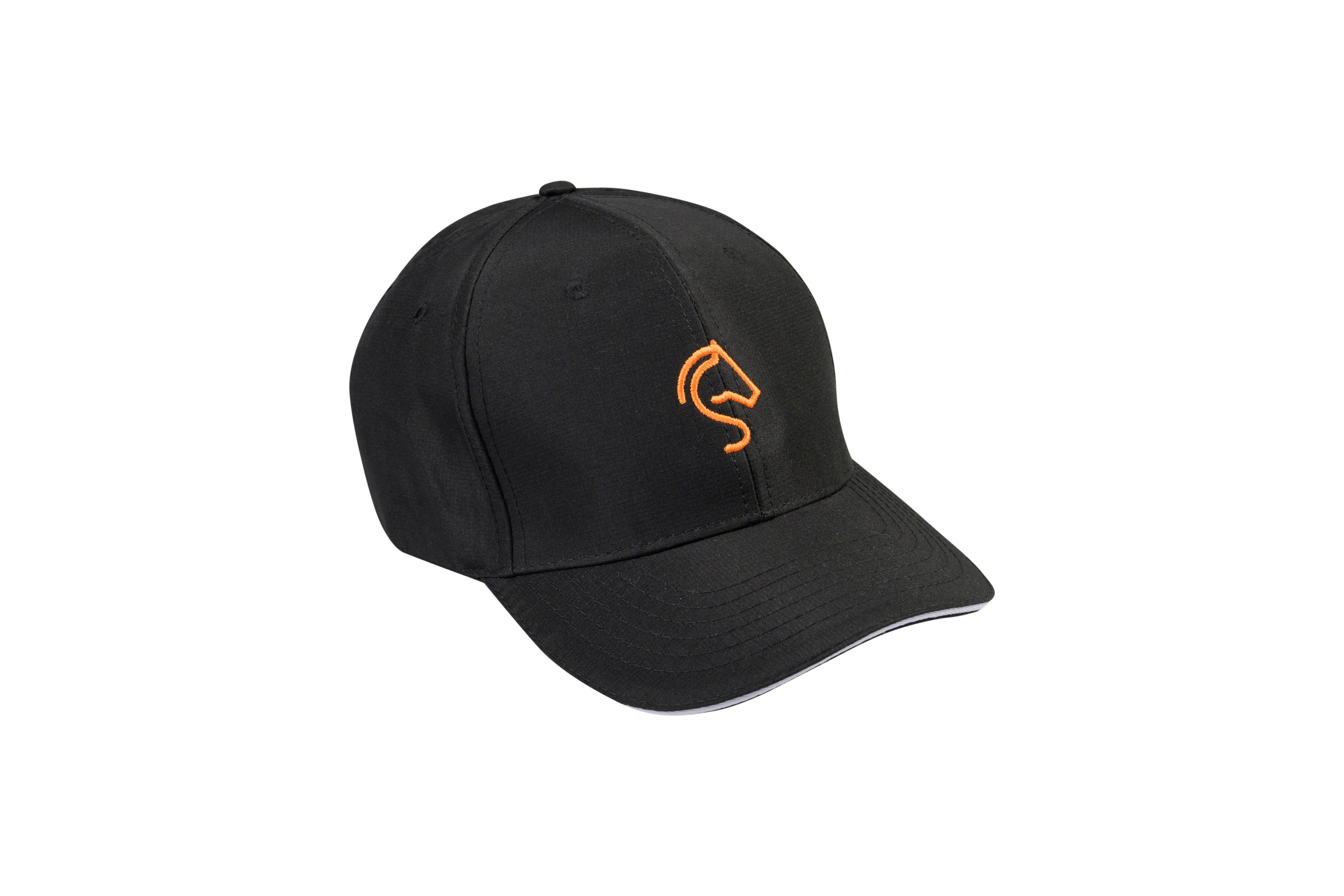 Black cap with an orange line art horse logo in orange on the front.