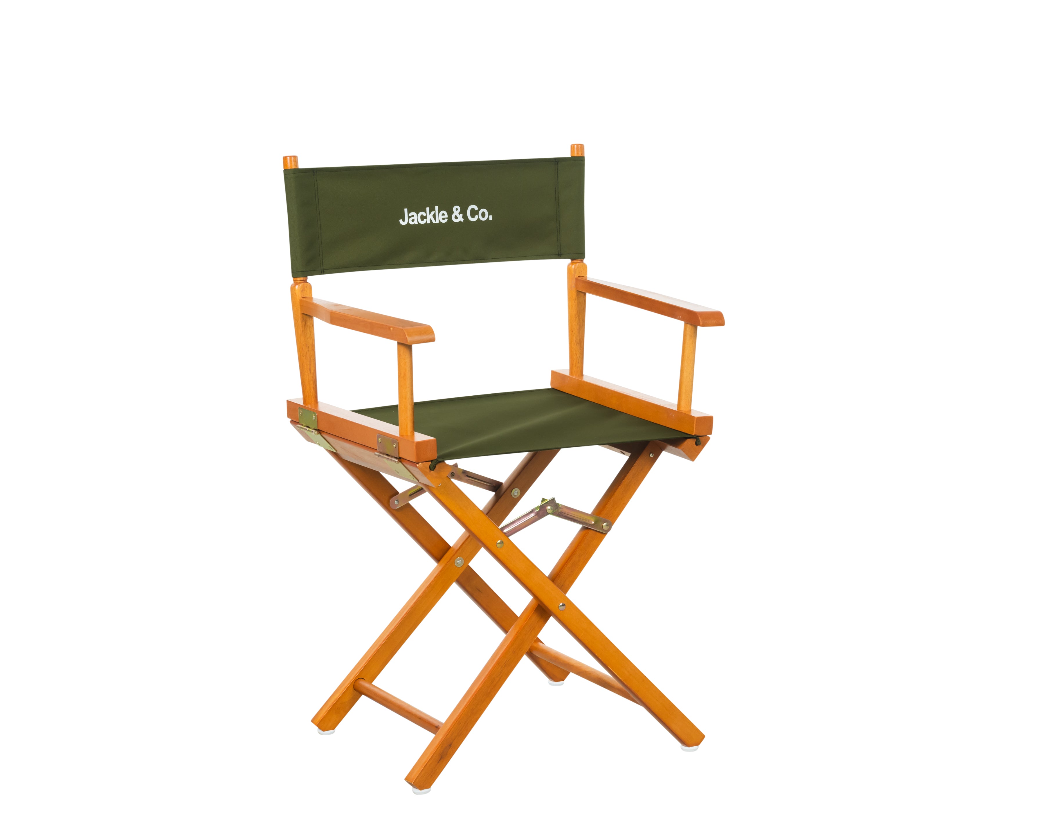 Folding production style chair with green fabric and brown wood. 