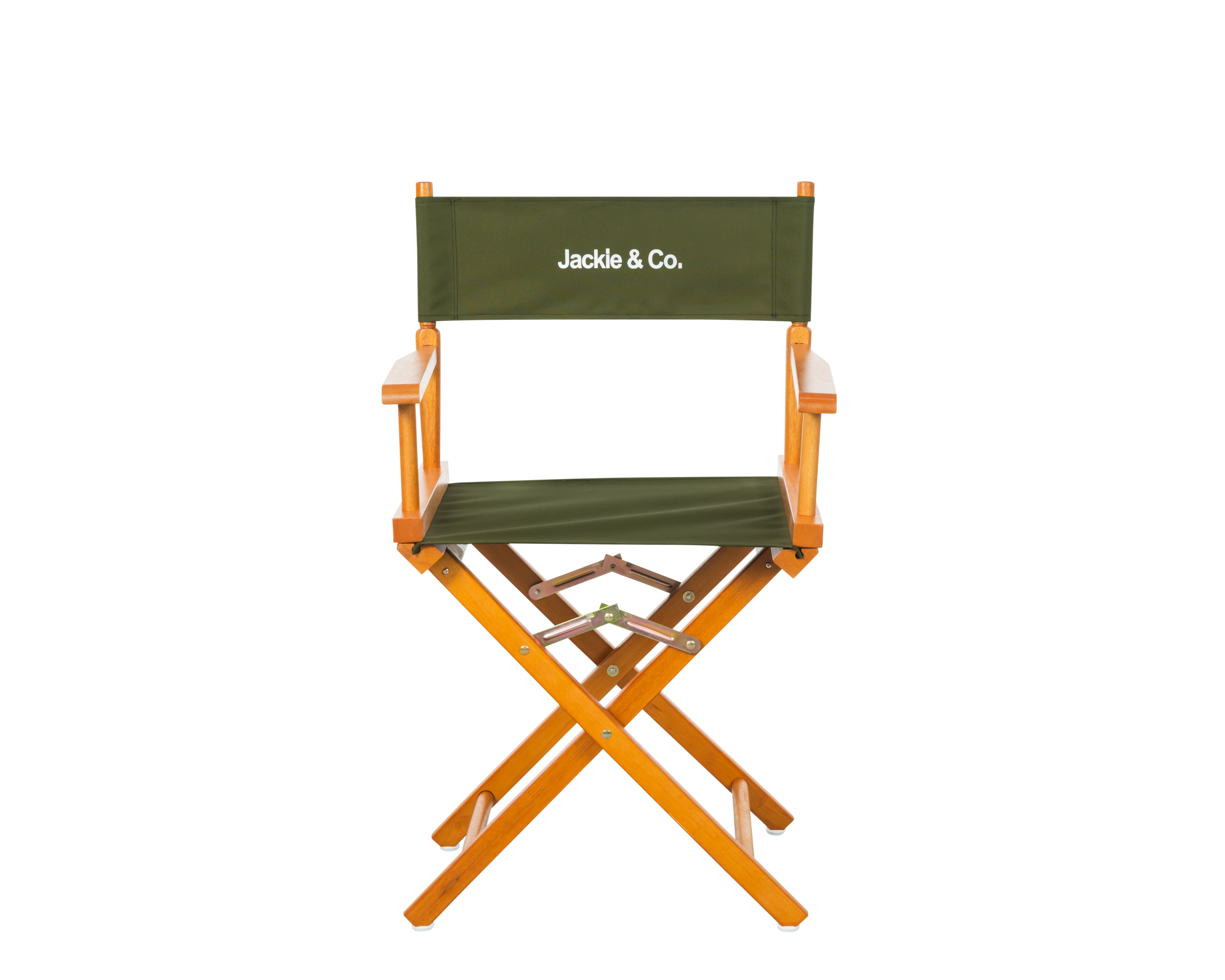 Folding production style chair with green fabric and brown wood. 