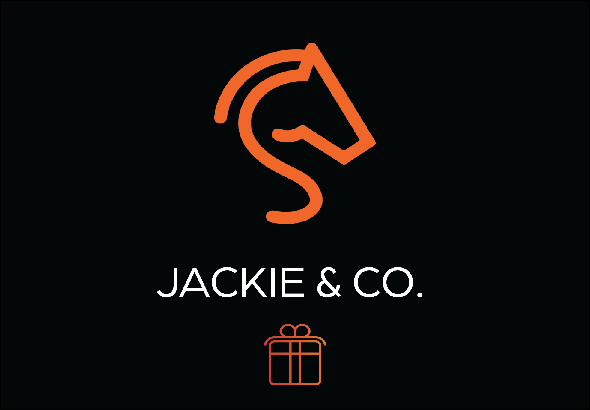 Jackie&Co orange line art horse profile logo over a line art of a gift box. 