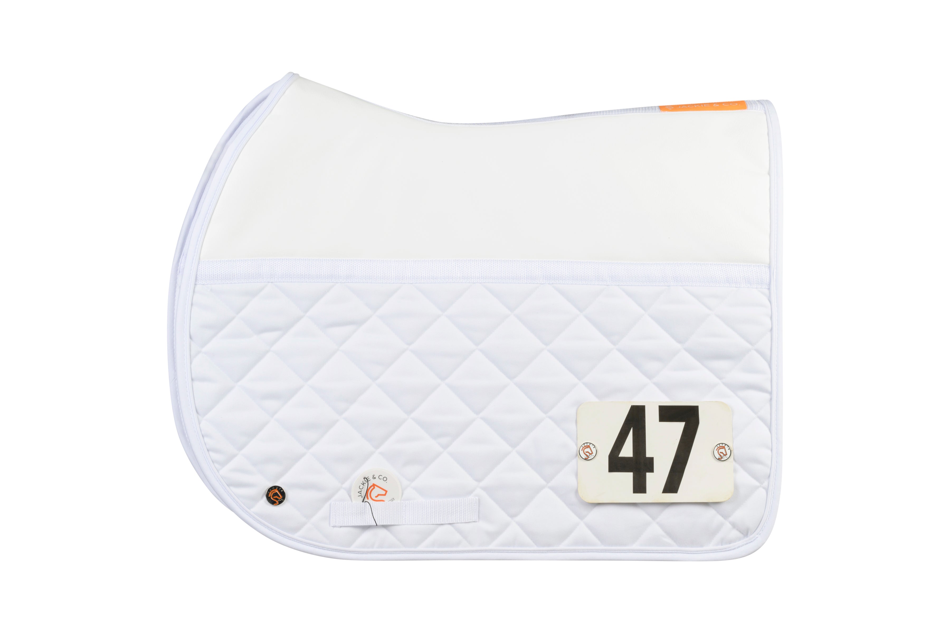 A friction shield saddle pad with competition numbers held in place by lucky numbers pins. 